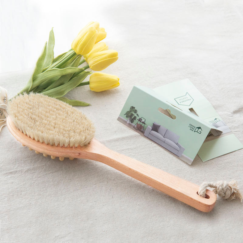 Double-Sided Wooden Dry Brushing Body Scrubber - Natural Bristle & Long Handle