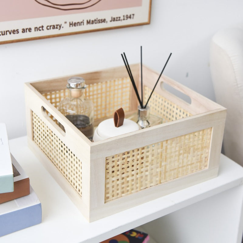 Natural Bamboo Woven Storage Basket with Wooden Frame