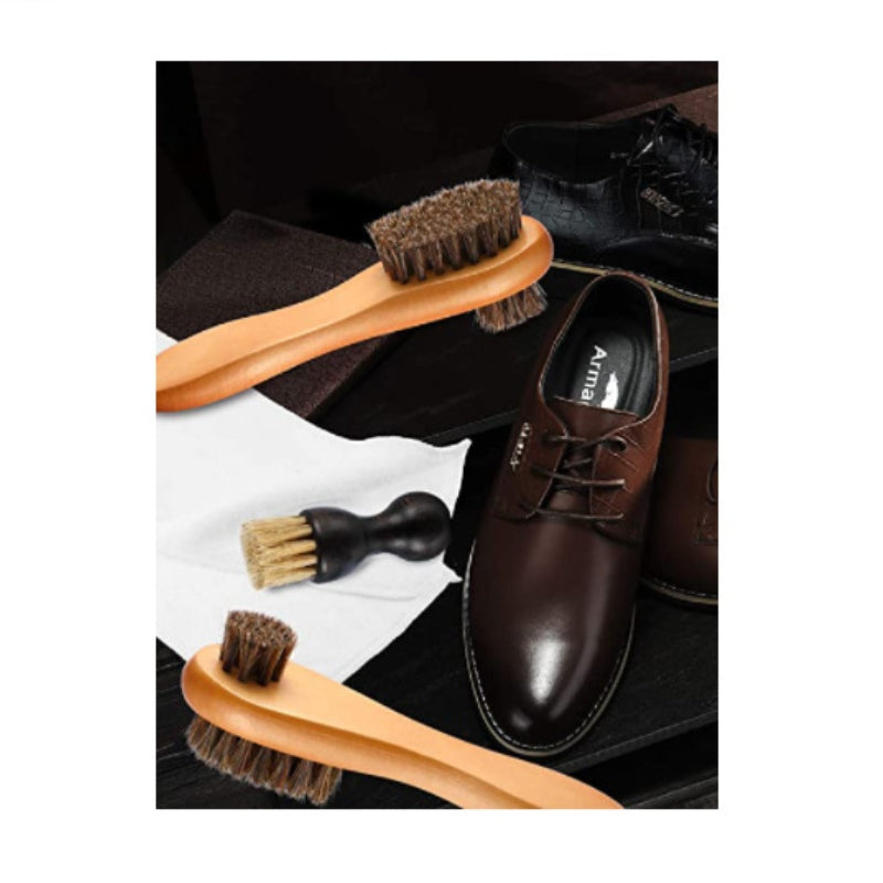 Double Sided Wooden Horsehair Shoe Brush Kit for Cleaning / Polishing Shoes (Set of 4)