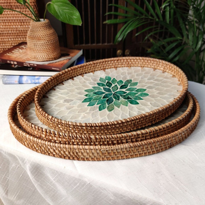 Decorative Natural Rattan Tray with Chromatic Shell
