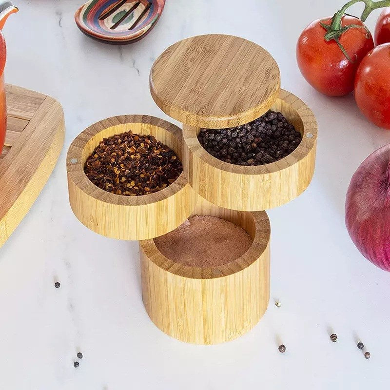 3-Tier Wooden Spice Container with Magnetic Swivel Lids