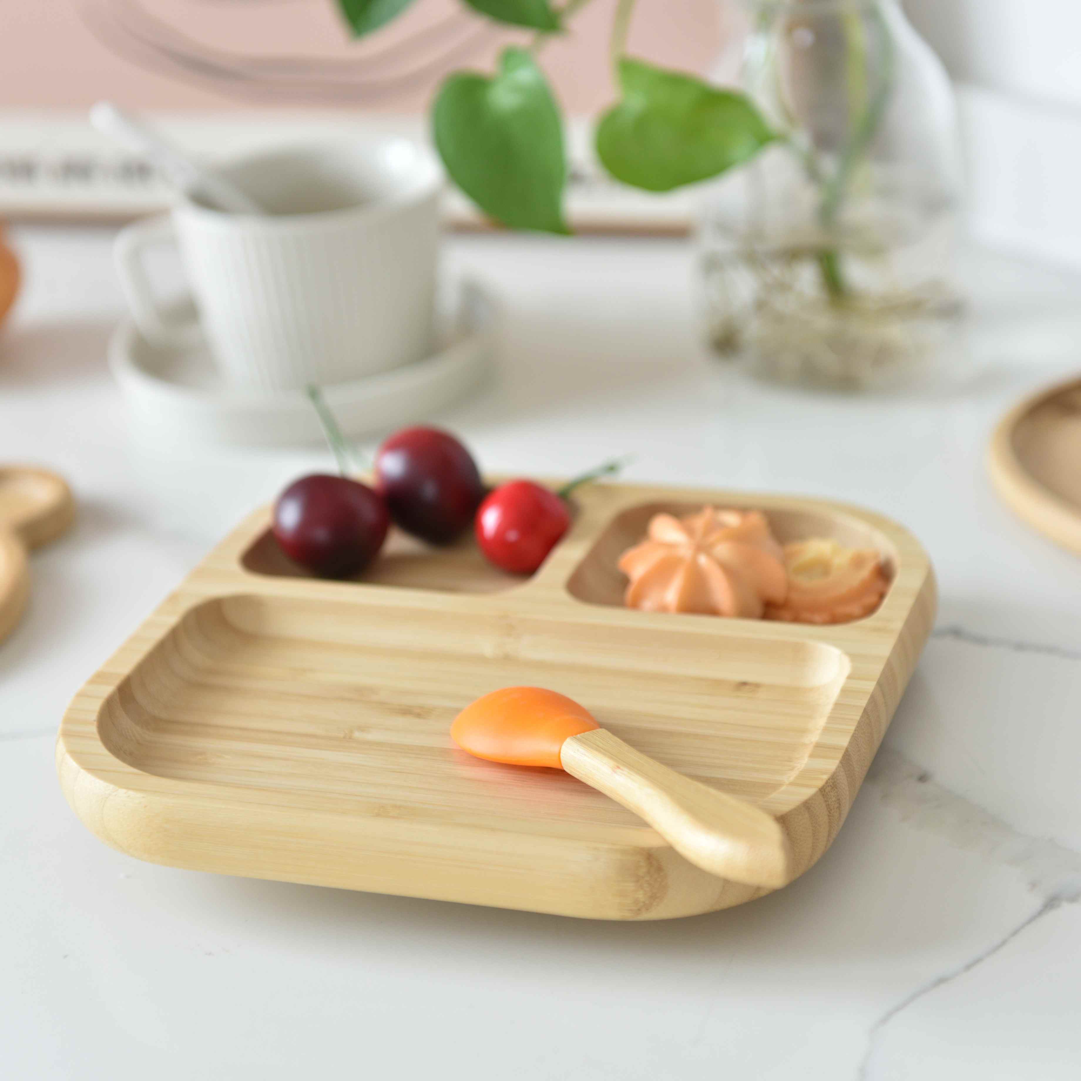 Natural Cutely Baby Bamboo Plate with Lids, Silicone Suction and Spoon