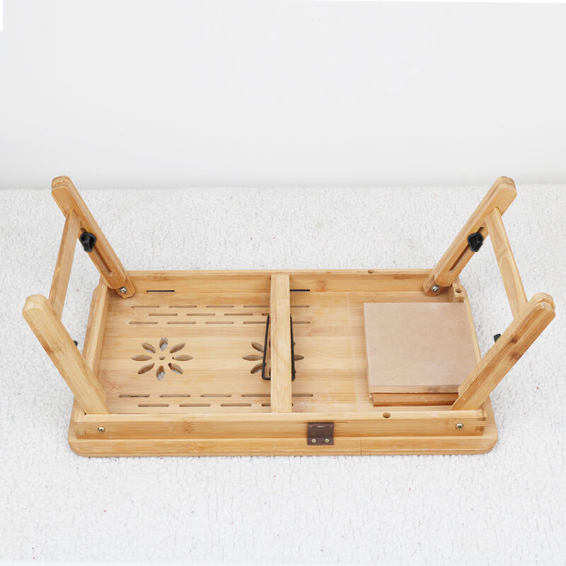Portable Bamboo Laptop Bed Desk Adjustable with Drawer and Cooling Fans for Writing/ Reading/ Eating/ Using Laptop