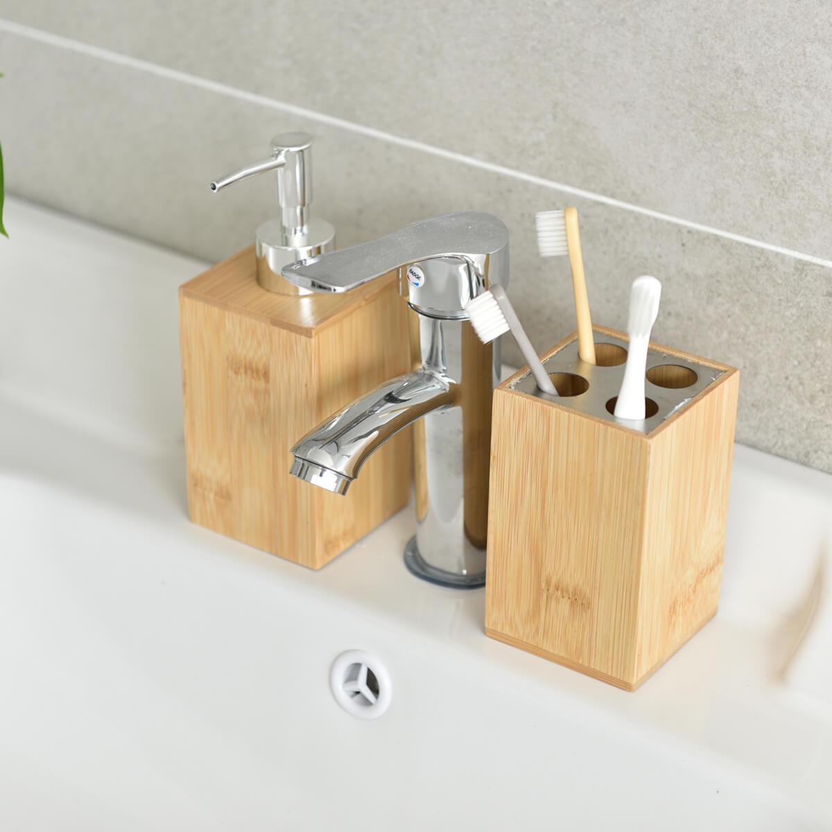 4-Piece Bamboo Bathroom Accessory Set: Toothbrush Holder & Soap Dispenser