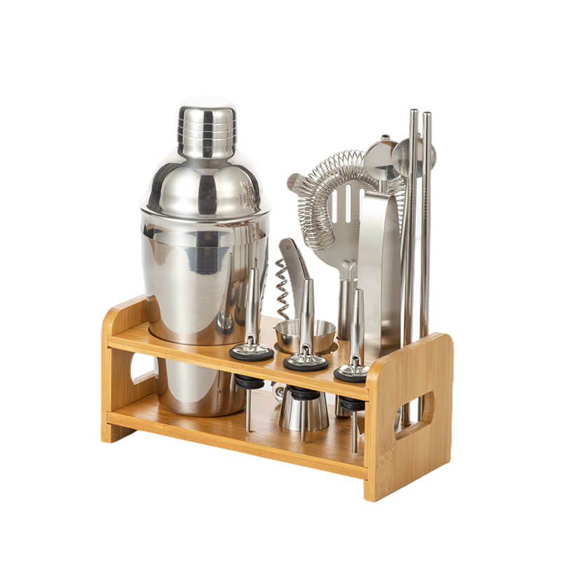 12PCS Stainless Steel Cocktail Shaker Bamboo Frame Set for Bar/Party/Home