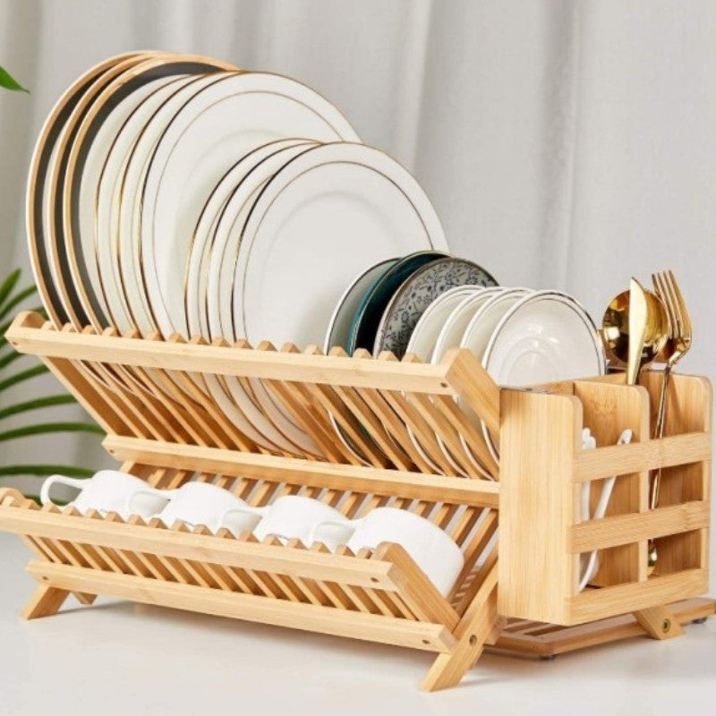 Collapsible Bamboo Dish Rack with Utensil Holder