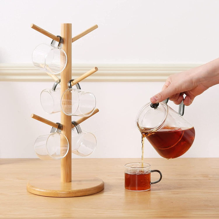 Decorative Bamboo Mug Holder with 6 Hooks for Kitchen Storage