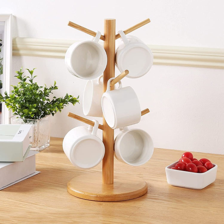 Decorative Bamboo Mug Holder with 6 Hooks for Kitchen Storage