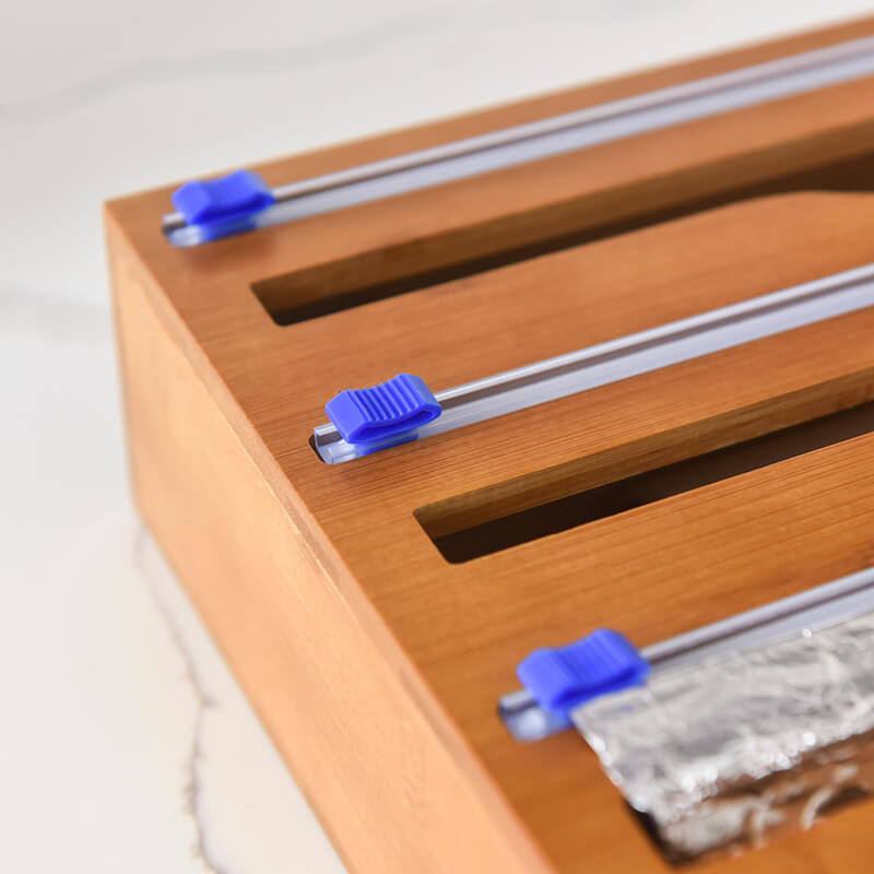 Bamboo Plastic Wrap Dispenser for Kitchen Drawer/ Aluminum Foil/ Cling Film/ Parchment Paper