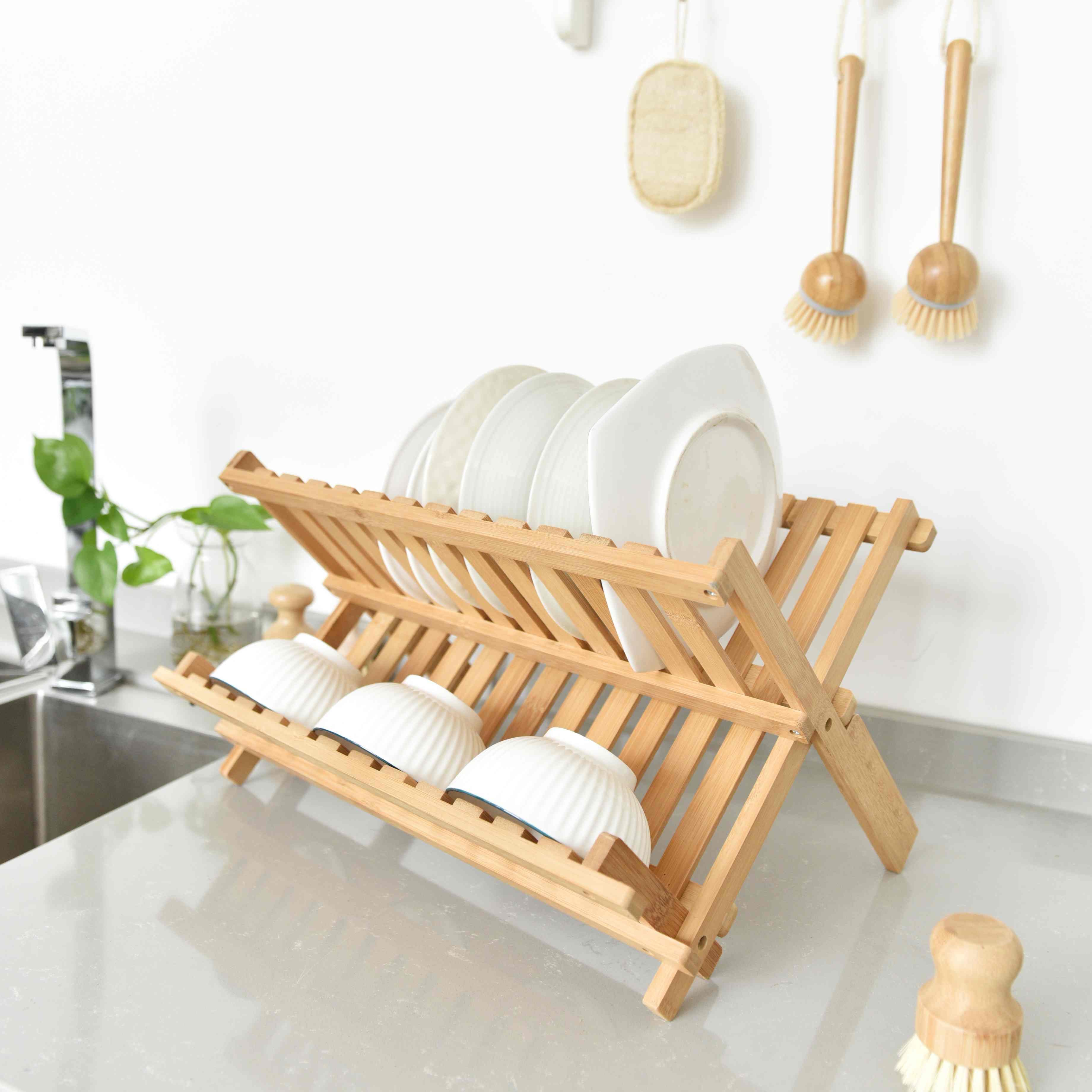 Over Sink Dish Rack Wooden Mold Resistant Dish Rack Wood 2-Tier