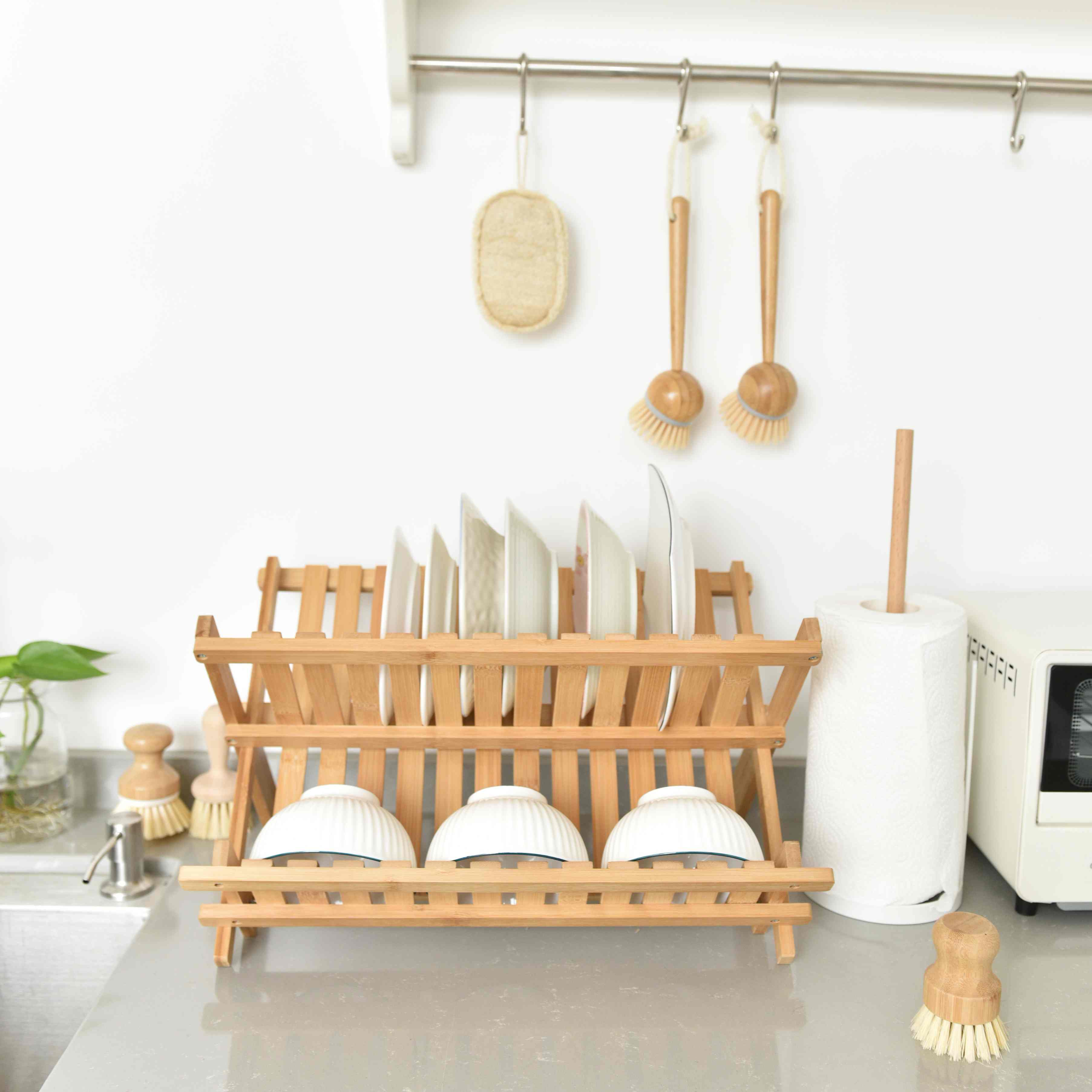 Elama 2-Tier Collapsible Kitchen Bamboo Drying Dish Rack with Utensil Holder 985122139M Elama 2-Tier Collapsible Kitchen Bamboo Drying Dish Rack with Utensil Holder 985122139M