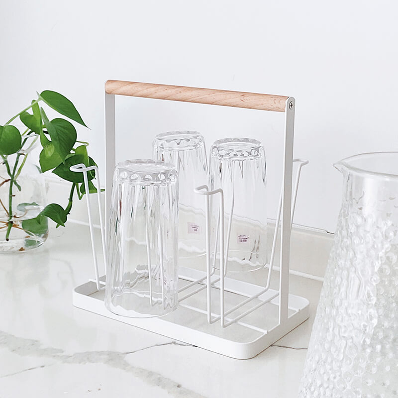 Premium Grade Glass Holder - Mug Holder Stand / 6 Cups Drying Rack with Wooden Handle