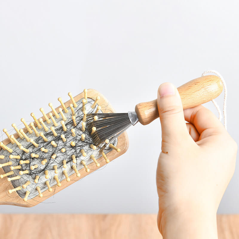 Hairbrush Cleaner with Stainless Steel Wire Rake & Wood Handle