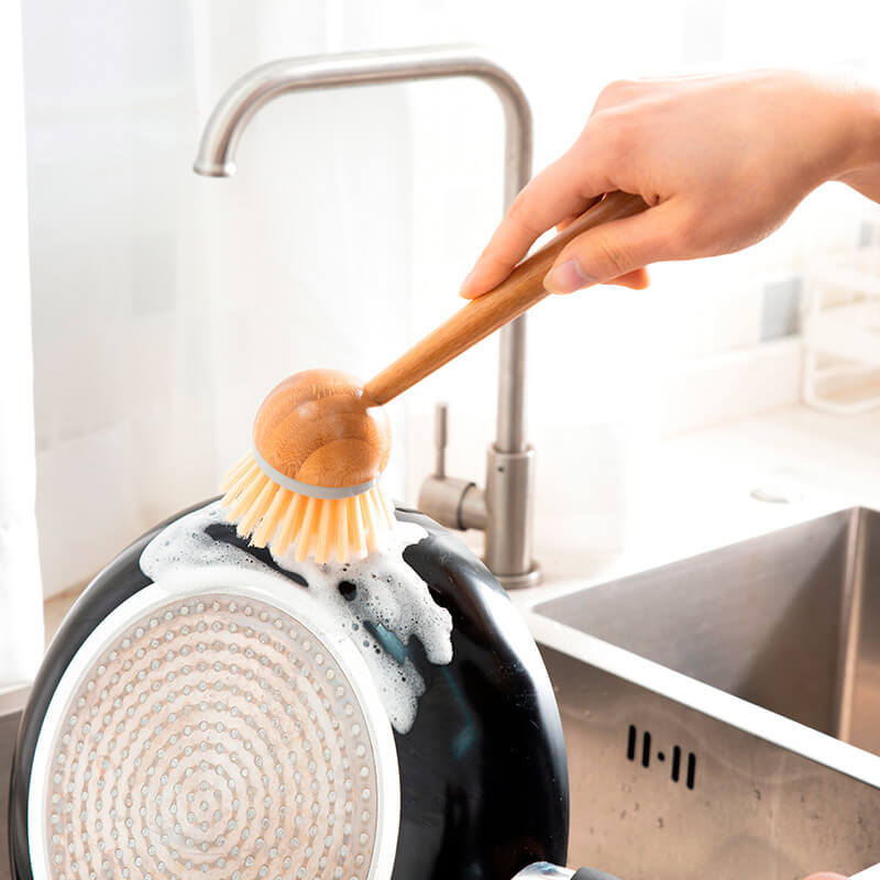 Wooden Kitchen Scrubber Brush with Extra-Long Bamboo Handle