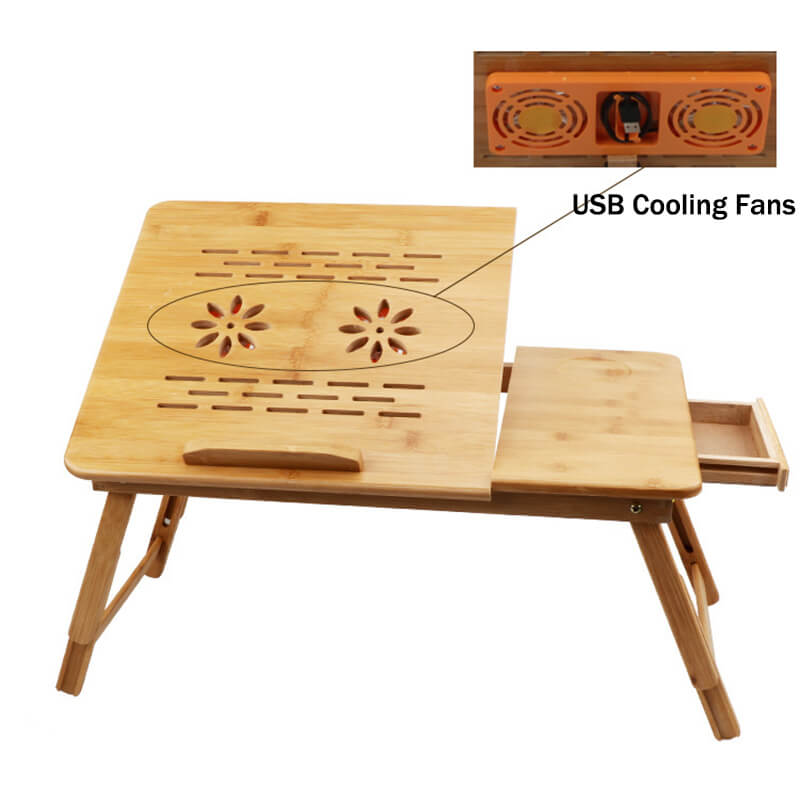 Portable Bamboo Laptop Bed Desk Adjustable with Drawer and Cooling Fans for Writing/ Reading/ Eating/ Using Laptop