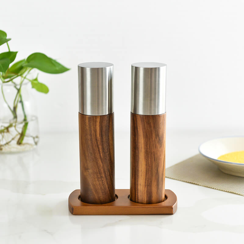 Acacia Wooden Salt and Pepper Grinder Set (2 Packs) with Wood Stand