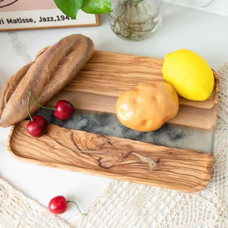 Rectangle Olive Wood Serving Tray with Transparent Black Resin 