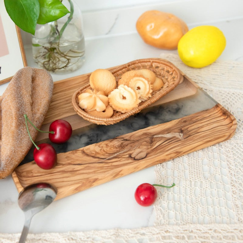 Rectangle Olive Wood Serving Tray with Transparent Black Resin 