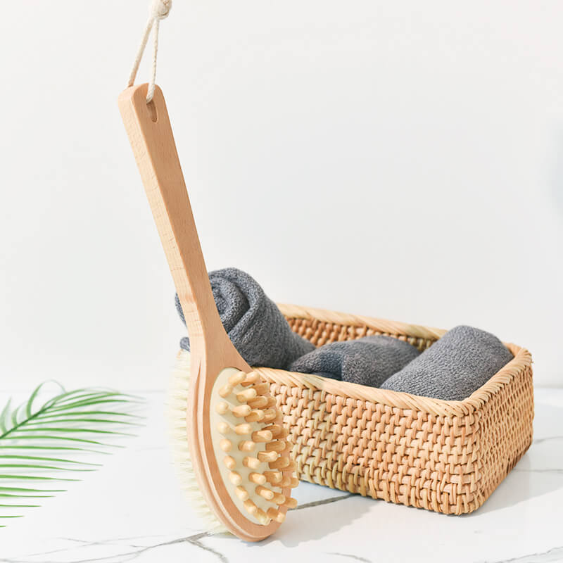 Double-Sided Wooden Dry Brushing Body Scrubber - Natural Bristle & Long Handle