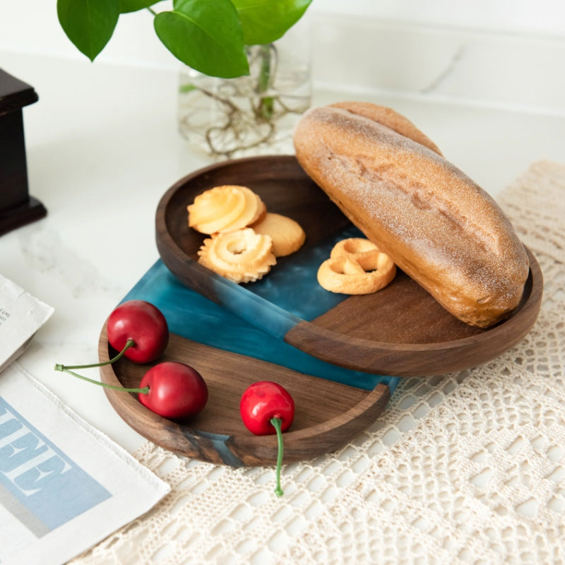 Oval Black Walnut Wood Serving Tray with Blue Resin 