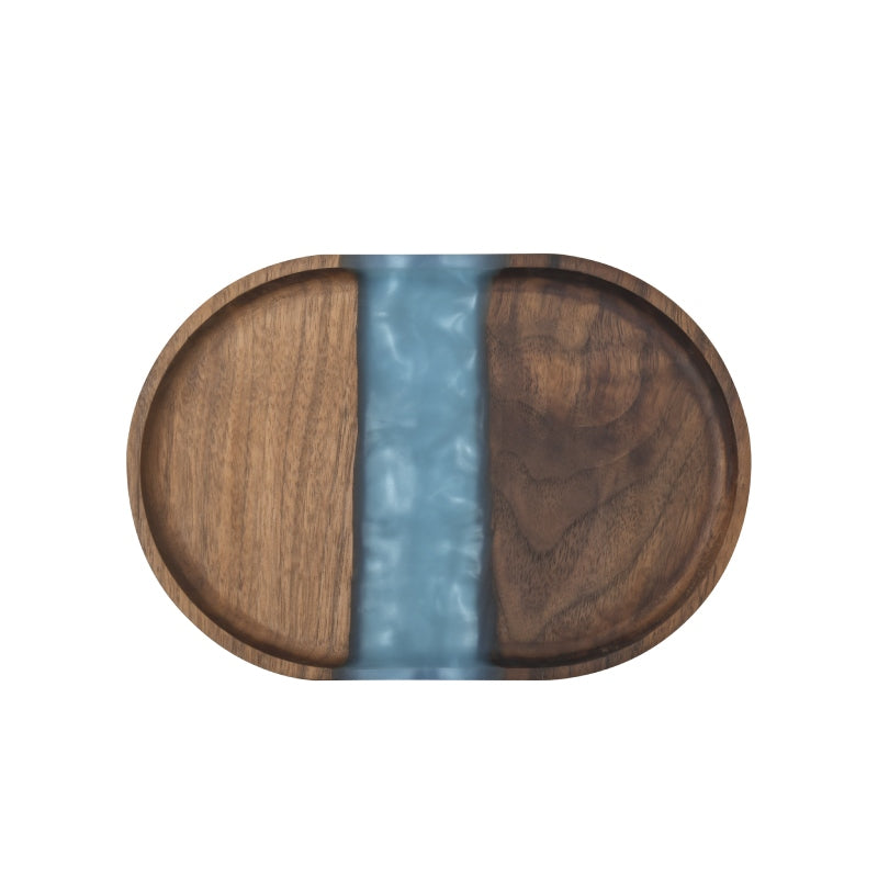 Oval Black Walnut Wood Serving Tray with Blue Resin 
