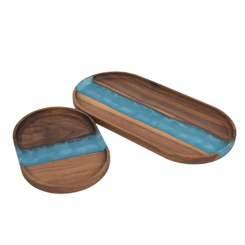  Oval Black Walnut Wood Serving Tray with Blue Resin