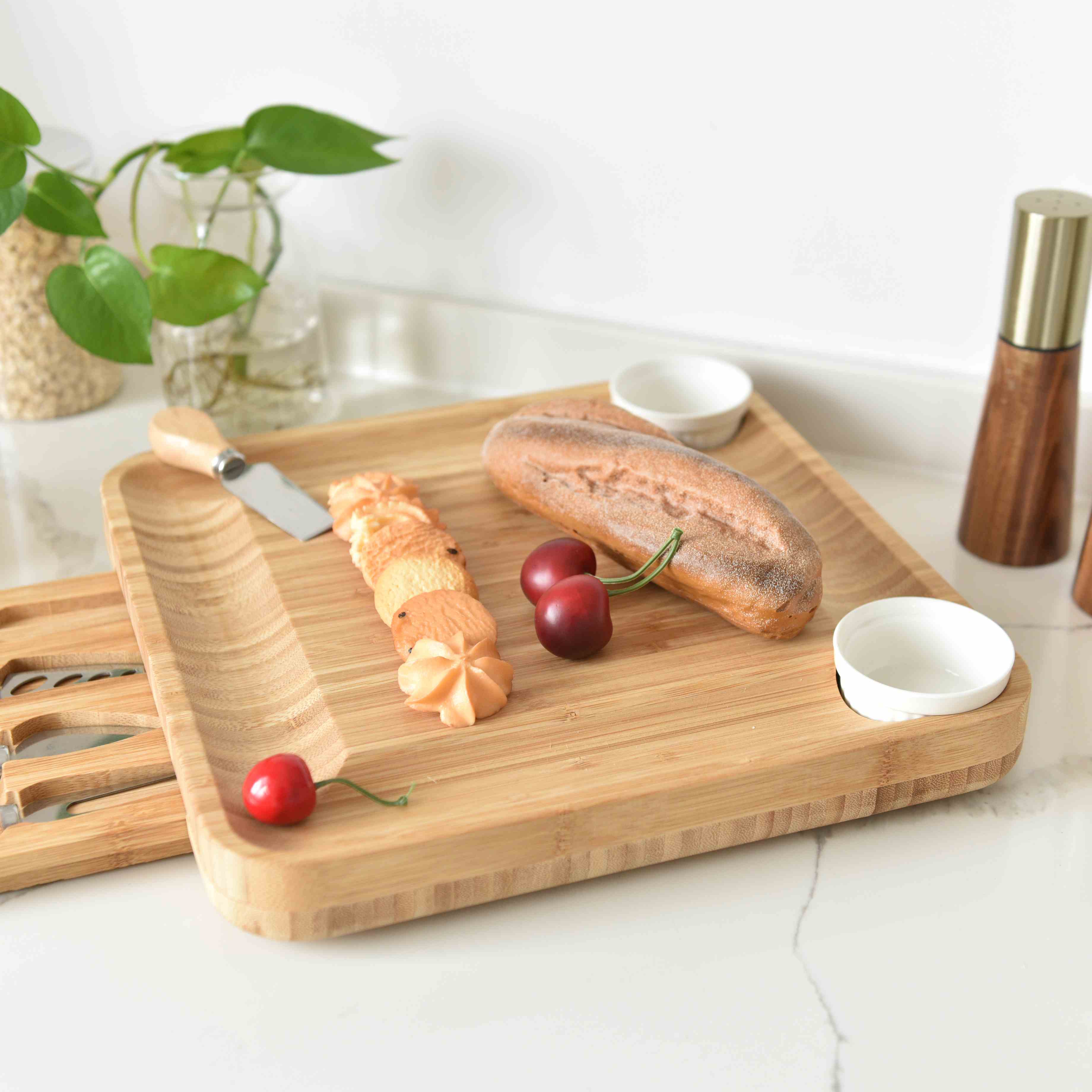 Wood Cheese Board Set with 4 Stainless Steel Knives: Charcuterie Board for Cheese / Meats / Wine