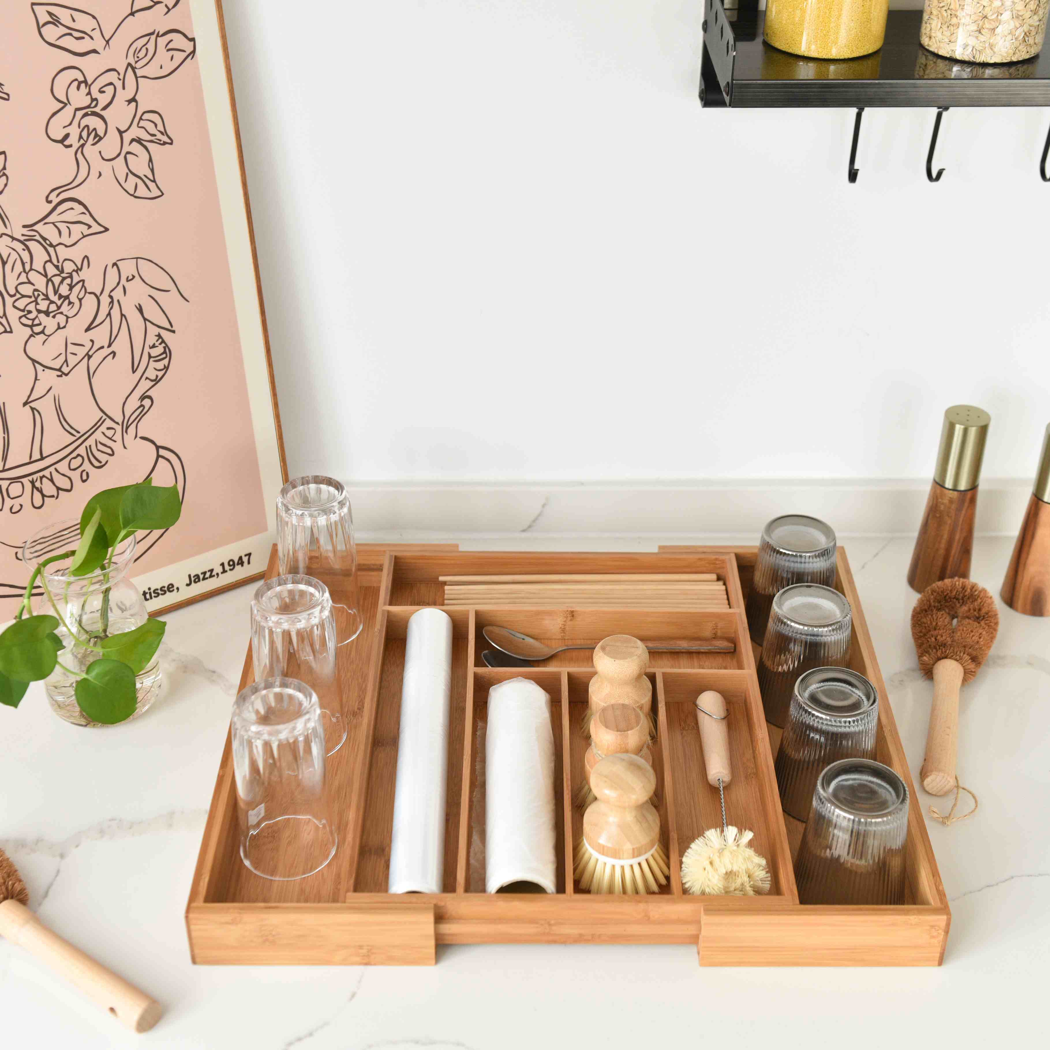 Premium Adjustable Wood Kitchen Drawer Organizer for Silverware / Cutlery / Makeup / Clothes