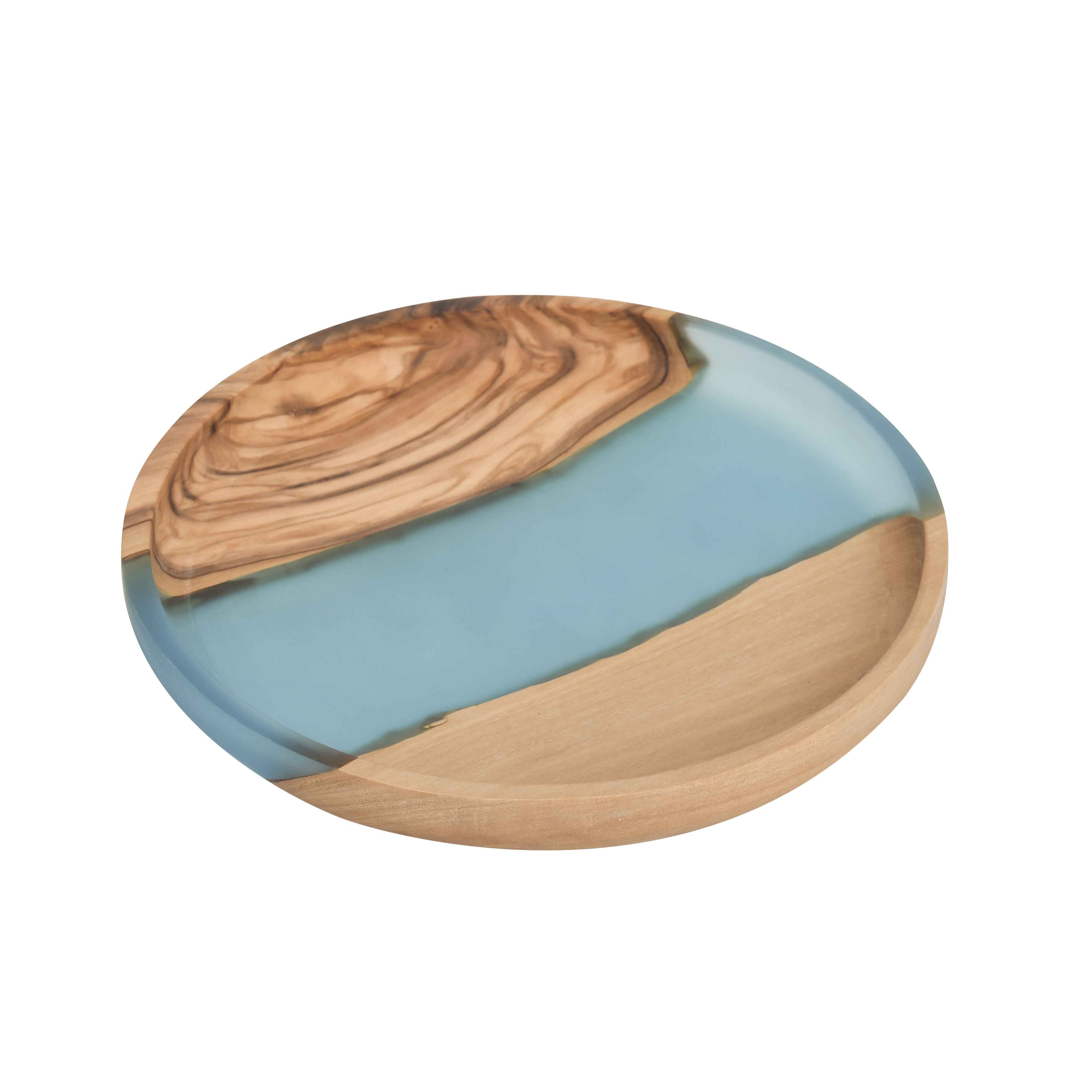 Olive Wood Round Tray with Blue Resin for Kitchen / Decor