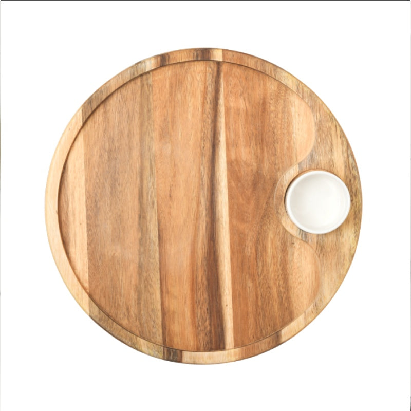 Round Wood Serving Tray with a Ceramic Bowl