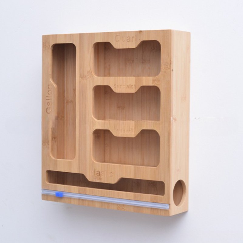Hanging Wooden Ziploc Bags Organizer with Cutter for Storing Plastic Wrap