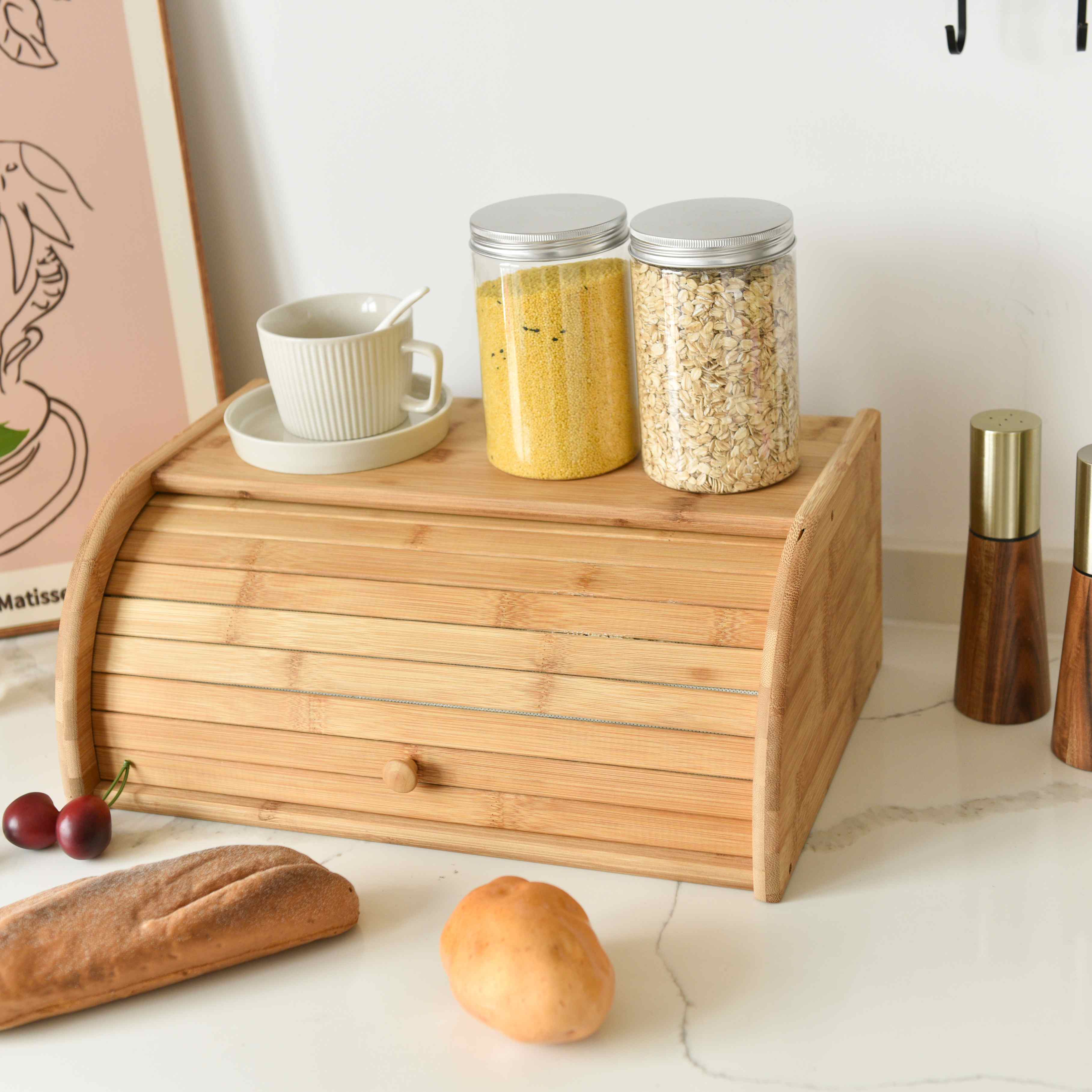 Organic Large Wooden Bread Box with Roll-Top Cover
