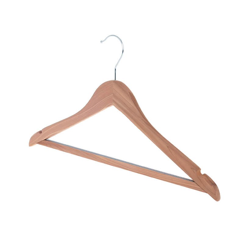 Natural Cedar Cloth Hanger with Side Notches and Non-Slip Ridged Trouser Bar for Hanging Pants/ Dresses/ Jackets In Bulk
