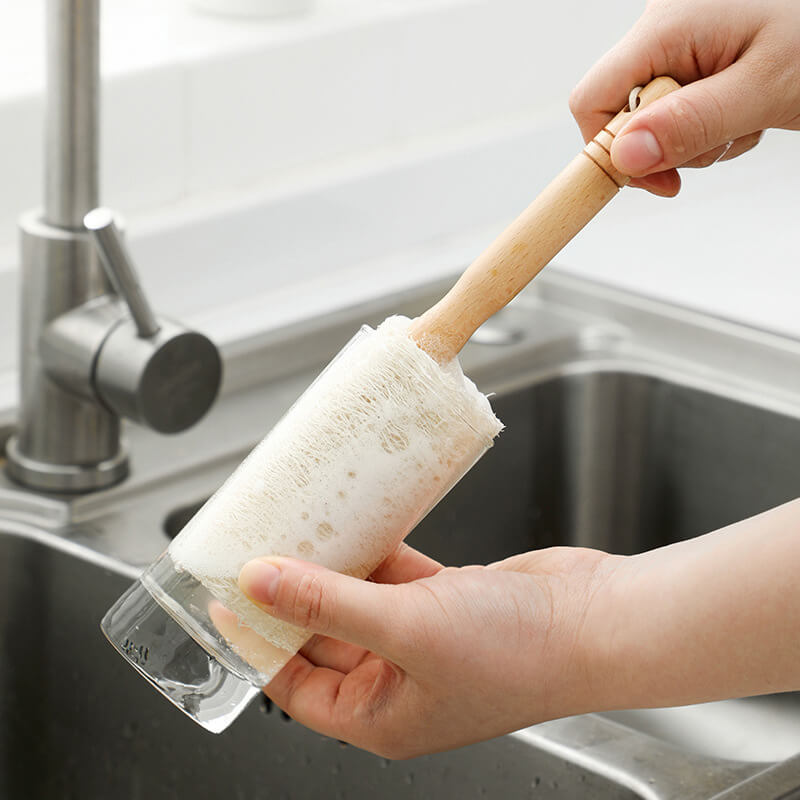Natural Loofah Dish Brush With Wooden Handle for Kitchen Cleaning