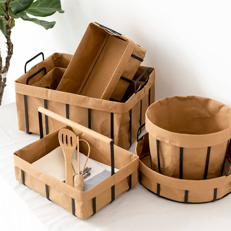 Multiduty Wire Round Basket Storage with Washable Kraft Paper